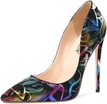 Jimishow Women High Heels Multicolor Pumps Black Graffiti Shoes Stiletto High Heels 4.7 inches/12CM Pointed Toe Sexy Dress Shoes Multicolor Heels Graffiti Print Design Slip On Pumps for Women, Black Floral, 9