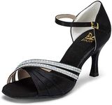 JIAJIA 20524 Women's Satin Sandals Flared Heel Latin Salsa Performance Dance Shoes Color Black,Size 6.5 B(M) US/37 EU