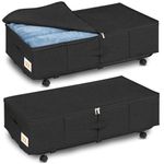 Huquter Underbed Storage on Wheels 50L, 2 Pack Foldable Under Bed Storage Box with Lid & Zip, Large Underbed Storage with Wheels Black with Metal Bottom Support for Clothes, Duvets, Bedding, Shoes