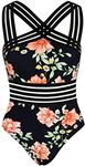 Hilor Women's Cute One Piece Swimsuit Tummy Control Bathing Suits Flattering Twist Front Swimwear Black&Floral L/US10-12