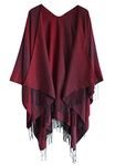 Urban CoCo Women's Printed Tassel Open Front Poncho Cape Cardigan Wrap Shawl (Series 16-Wine Red)