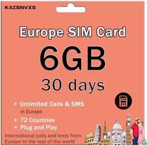 Plug and Play Prepaid SIM Card for Europe Travel - EU 6GB / UK 10GB for 30 Days in 70+ Countries,No Need Activation,4G LTE High Speed Network + Unlimited Calls and SMS (30 Days | 6GB)