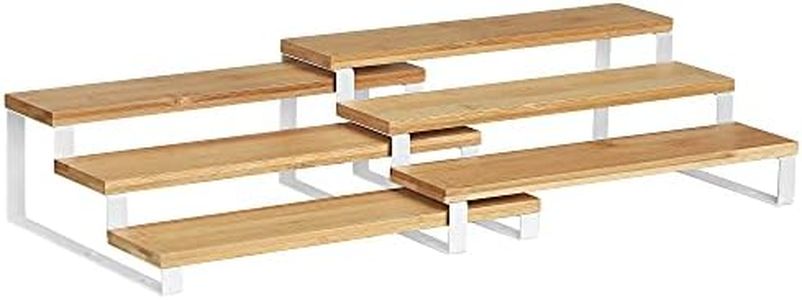 SONGMICS Spice Rack, Set of 2 Cabinet Shelf Organizers, 3-Tier Extendable Spice Holder, Bamboo, Stackable, for Pantry, Cupboard, Countertop, Natural and White UKCS016N02