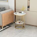 Al Hama Round Telephone Table Coffee Table Corner Table and Bedside Table in The Bedroom Engineered Wood Table top Gold Metal Frame (White -1)