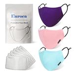 Euroca - Cloth Face Mask, 3 Layers Cotton Face Masks, Washable & Reusable Face Masks, Face Mask Set, Adjustable Face Mask With Filter Sheets (PM2.5), Pink, Blue & Purple, Set of 3, Women