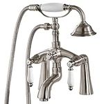 Aolemi Deck Mount Brushed Nickel Bathtub Faucet 2 Hole 6 Inch Center with Handheld Shower Clawfoot Tub Filler Double Lever Handle Mixer Tap Victoria Vintage Telephone Shape Shower Set