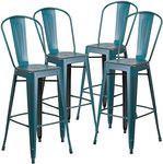 Flash Furniture Commercial Grade 4 Pack 30" High Distressed Metal Indoor-Outdoor Barstool with Back, Kelly Blue-Teal, Set of 4