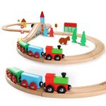 SainSmart Jr. Wooden Train Set Toy with Double-Side Train Tracks, 4 Magnetic Train Cars and Wooden Bridge Railway Set for Toddlers, 37 PCS