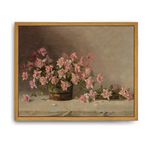 Roslynity Framed Canvas Wall Art Vintage Print Oil Painting Still Life with Pink Roses Flower Floral Botanical Country Retro Aesthetic Artwork for Home Living Room Bathroom Wall Decor (8"x10")