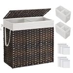 SONGMICS Laundry Hamper with Lid, 130L Clothes Hamper with 2 Removable Liner Bags & 6 Mesh Bags, Poly Rattan Laundry Basket, Double Laundry Hamper for Bathroom, 13 x 26 x 23.6 Inches, Brown ULCB253K01