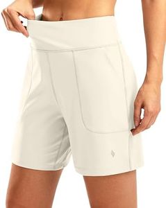 SANTINY Women's 6'' Athletic Long Shorts with 4 Pockets High Waisted Bermuda Shorts for Women Walking Running Casual, Beige, X-Large