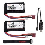 Hosim 2pcs 2S 7.4V 2000mAh 20C T Plug Female Connector Rechargeable Battery,2 USB Charger, 1 Strap Safe & Fast Charging for 9155 9156 Jumper T16 RC Cars Evader BX Truck UAV Drone FPV