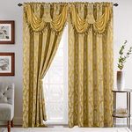 Elegant Comfort Jacquard Look Curtain Panel Set with Attached Waterfall Valance, (Set of 2), 54 x 84 Inches, Yellow