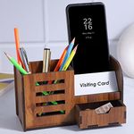 Deskart Desk Organizer With Drawer, Business Visiting Card & Mobile Holder | Multipurpose Wooden Pen And Pencil Holder Stand For Office Desk And Study Table, Desk Supplies Organisers Brown