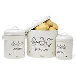 joeji's Kitchen Onion and Potato Storage Set of 3, Metal Food Bin Container Pots with Lid with 360° Air Circulation Keeps Vegetables Fresh Longer - Vegetable storage & Garlic storage Pot - Cream