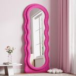 Dewfig Full Length Mirror, 63" x 24"Irregular Wavy Mirror, Large Floor Length Mirror Wall Mounted, Standing Wavy Mirror with Flannel Wrapped Wooden Frame for Bedroom/Living Room, Hot Pink