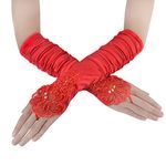 JISEN Women Fingerless Gathered Lace Sequins Satin Bridal Party Gloves Red