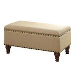 Kinfine Decorative Nail Trim Storage Bench, Tan Linen, Wood and Polyester, 35.5 x 19.5" x 16.75"