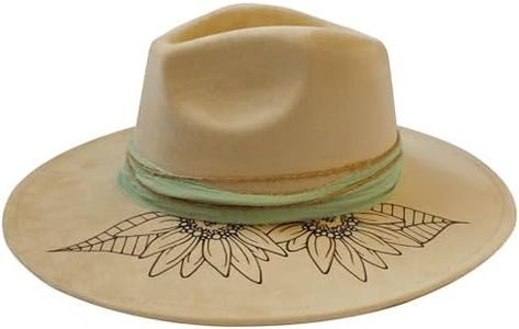 Wildflowers and Barley – Hand-Burned Sunflower Design Fedora Hat – Beige Vegan Suede Wide Brim with Chiffon and Twine Band, Adjustable Fit, Rancher Crown Boho Festival Style, Handmade Artisan – Beige