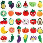 mortd Fruits Shoe Decoration Charms, 30PCS Fruit Vegetables Theme Charms for Shoe Wristband, Cherry Pineapple Eggplant Pepper Shoe Charms for Party Favors Birthday Gifts, Plastic, No Gemstone