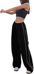 Springrain Womens Wide Leg Track Pants Slouchy Stripe Detail Jogger Sweatpants with Pockets(Black-XS)