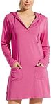 Willit Women's Long Sleeve Cotton Swim Cover Up UPF 50+ SPF Dress Hooded with Pockets Sun Protection Beach Coverup Rose Red S