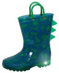 ScruffyTed Kids Light Up Dinosaur Wellington Boots Boys Wellies with Handles and Flashing Lights Dino Boots Rain Shoes Green/Blue 9 UK Child