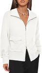 Fisoew Women's Zip up Sweatshirt Collared Neck Long Sleeve Loose Casual Lightweight Jacket with Pockets White