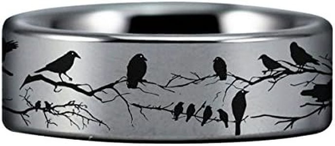 Friends of Irony Silver Tungsten Carbide Raven and Branches Wedding Band Anniversary Ring for Men and Women 8mm Size 9.5