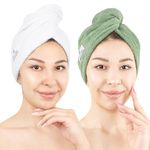 American Soft Linen 100% Cotton Hair Towels for Women, Head Towel Cap, Cotton Hair Turban Towel Wrap for Hair, Soft and Absorbent Cotton Hair Towels 2 Pack, White-Sage Green