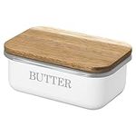 Navaris Butter Dish with Lid - Metal Butter Holder with Airtight Wooden Lid - Butter Container with Acacia Wood Cover - Cream Colour with Word Print