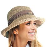 TOSKATOK® Ladies Womens Adjustable Summer Sun Hat Fashion Foldable Roll Brim Trilby Bowler Brown/Beige-A