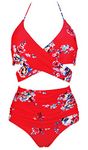 COCOSHIP Red & White & Jade Pink Garden Flower Retro Ruched High Waist Bikini Set Cross Push Up Sport Tie Back Swim Bathing Suit 4