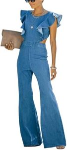 Omoone Women's Flared Denim Jumpsuit Ruffle Sleeve Backless Jeans Jumper Long Rompers, Blue, Small