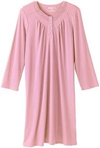 Silverts Women’s Open Back Knit Diamond Neck Nightgown - 3/4 Sleeve Lace Gown, Pink Satin, X-Large