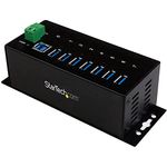 StarTech.com 7-Port Industrial Grade USB 3.0 Hub with ESD & 350W Surge Protection - Rack mountable metal USB port expander splitter hub (ST7300USBME),Black