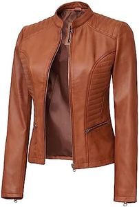 Decrum Slim Fit Leather Jacket For Women - Cafe Racer Style Real Lambskin Leather Womens Leather Jackets, N185 - Brown Leather Jackets for Women, Small