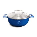 SAVEUR SELECTS 25cm / 3.5QT Enamel Cast Iron Saucier with Stainless Steel Double-Walled Lid | Non Stick, Heirloom Quality Oven Safe 3.3L PFOA & PFAS-Free Cooking Pot Dutch Oven - Voyage - Classic Blue