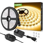 Lepro LED Strip Lights, 16.4ft 12V Dimmable and Flexible 3000K Warm White Strip Lights, 300 Units 2835SMD Tape Light for Home, Kitchen, Bedroom, Car and More, Non Waterproof, Power Adapter Included