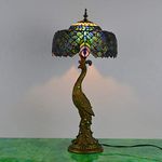 BOTOWI Tiffany Style Peacock Table Lamp Vintage Stained Glass Desk Lamp with Peacock Base for Living Room Bedroom Reading Cafe, 12-Inch