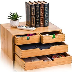 DEAYOU Bamboo Desk Organizer, Bamboo Storage Cabinet Box with 4 Drawers for Letter, Home Office Supplies, 3-Layer