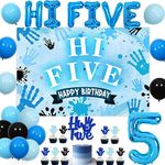 Hi Five Birthday Party Decorations Boy, Blue 5th Birthday Decorations Backdrop Cake Cupcake Topper Blue Black Balloon Number 5 High Five Foil Balloon for Boy 5 Year Old Birthday Party