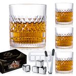 Whiskey Glasses Set of 4,Rocks Glasses with 4 Ice Cubes & Tong,Lead-Free Crystal Bar Glasses,Gifts for Men,Tumblers Lowball Glassware for Brandy,Cocktail,Vodka,Bourbon,Cognac (Classic)