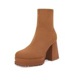 Womens Sock Boots Platform Chunky Heel Booties Dress Ankle Boots Square Toe Slip On Comfortable Winter Booties, Brown, 7