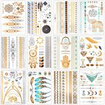 12 Sheets 110+ Metallic Temporary Tattoos for Adult Women Girls Tattoos Gold Silver Glitter Flash Waterproof Tattoo Stickers for Beach, Festivals, & Parties