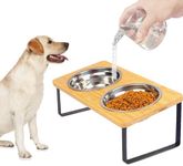 FTKINGDER Elevated Dog Bowls - Double 54 oz Bowls， Bamboo 15° Tilted Raised Dog Bowl Stand with 2 Stainless Steel Bowls for Small & Medium Dogs, Indoor Dogs and Adult Cats Feeder