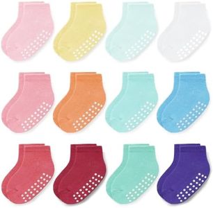 JAKIDAR 12 Pair Baby Toddler Socks Non-Slip Grip Cotton Ankle Socks for Boys Girls Non Skid Soles for Infants Kids, Rainbow, 4-7 Years
