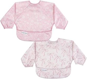 Tiny Twinkle Long Sleeve Bib for Babies & Toddlers – 2 Pack Waterproof Smock Bibs for Eating – Machine Washable & Mess-Proof, Baby Feeding Essential & Shower Must-Have (Toile,Bows, 6-24M)