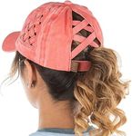 Criss Cross Hat Womens Baseball Cap Distressed Ponytail - Coral Basket Weave