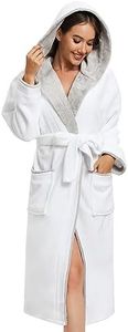 Vislivin Fleece Dressing Gown for Women Fluffy Hooded Dressing Gown Luxury Robe Soft Bathrobe White-L